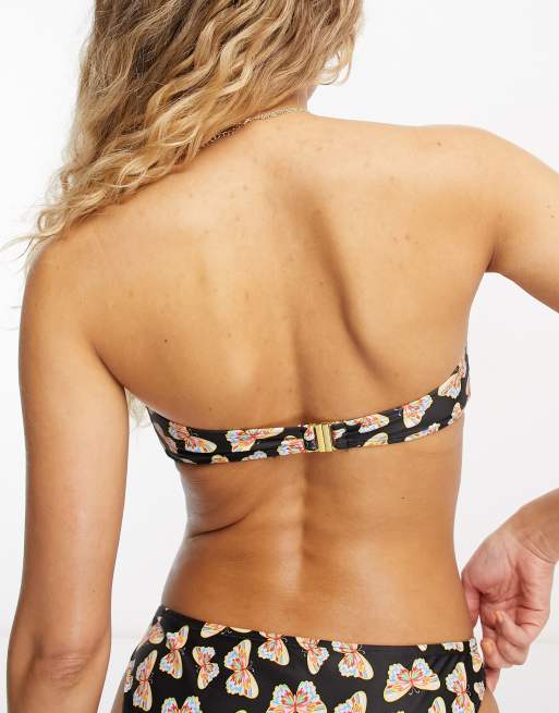 Urban Threads bandeau ring detail bikini top in black butterfly print, 2 of 4