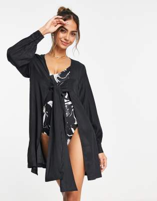 Urban Threads Urban Threads beach shirt in black with tie front