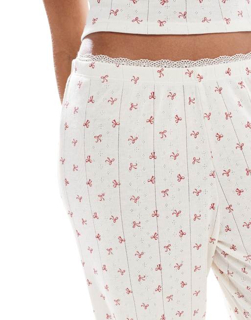 Urban Threads - Beige pyjamasbukser i pointelle-stof med sløjfeprint, 3 af 4