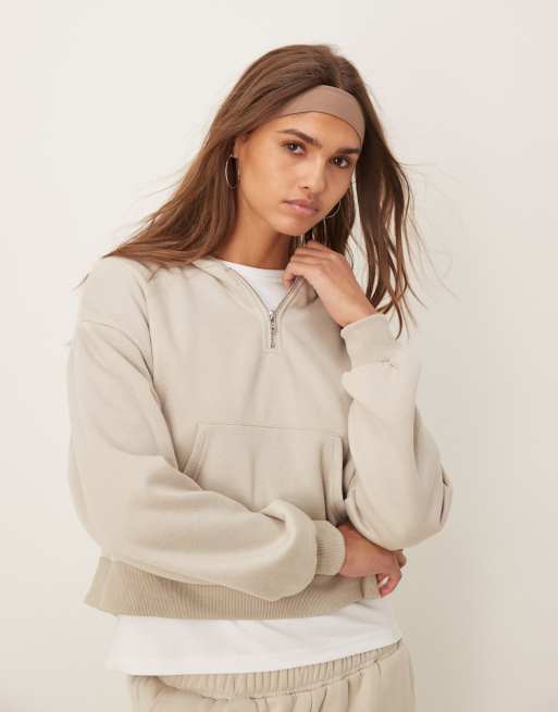 Urban Threads – Beżowa bluza dresowa z zapięciem na suwak pod szyją