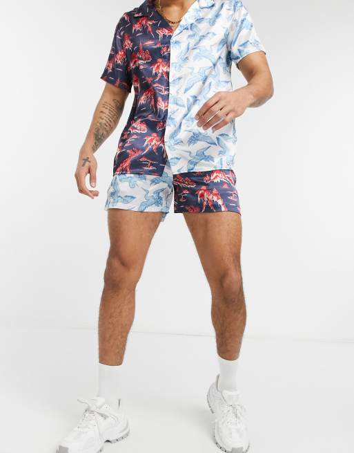 Urban Threads birds and mountains print satin shorts set