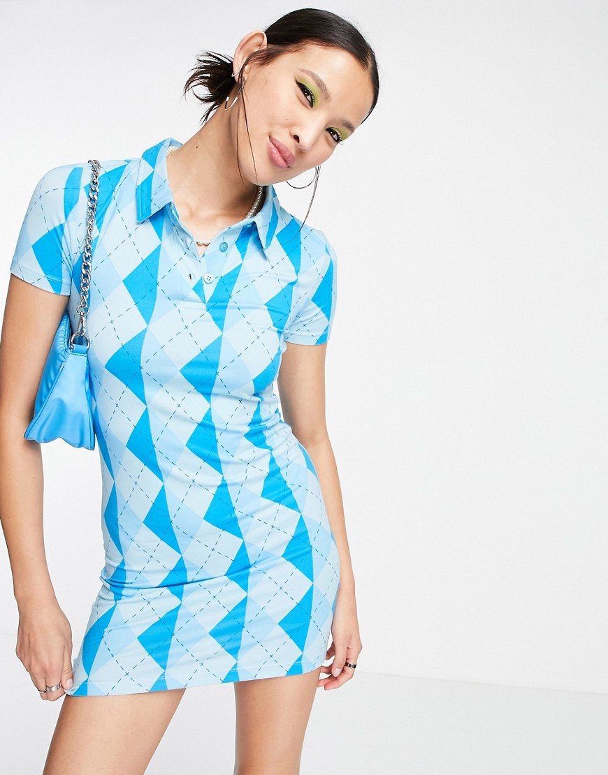 Urban Threads Body-conscious Polo Dress In Blue Argyle Print