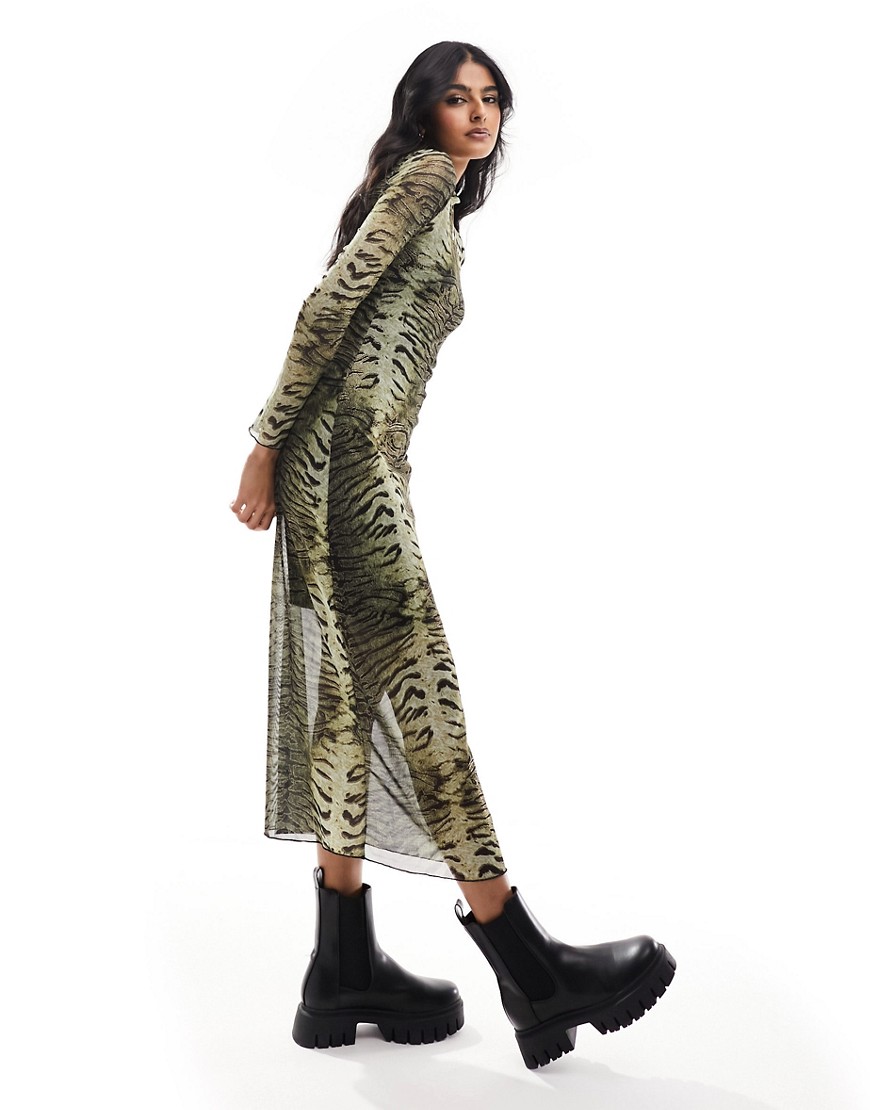 Urban Threads bodycon mesh maxi dress in green tiger print