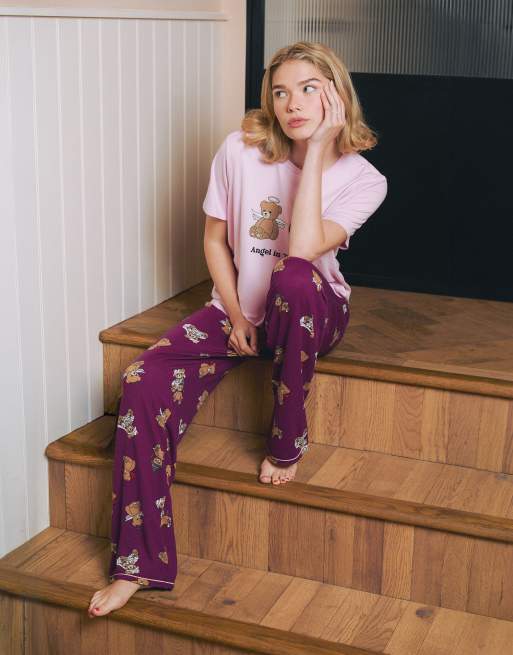 Urban Threads Burgundy halloween party teddy bears long pyjamas set in burgundy, 3 of 4