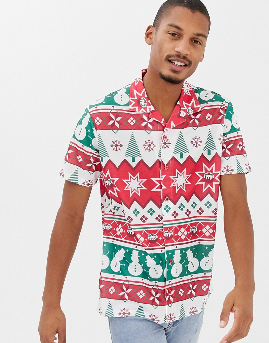 Urban Threads - Camicia natalizia Fair Isle a maniche corte con colletto a rever-Multicolore