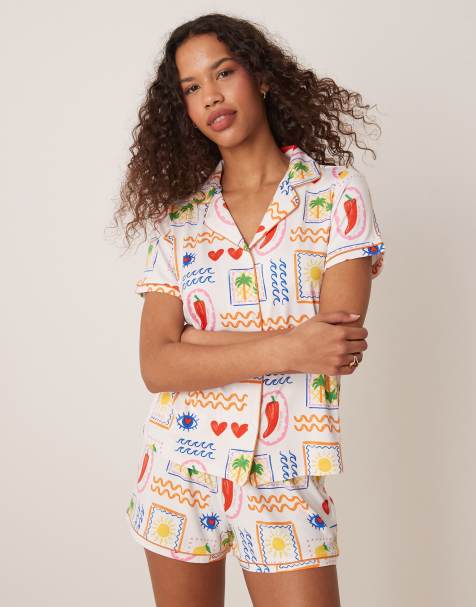 Urban Threads camp collar pajama short sleeve shirt and shorts in chili palm print - view 1