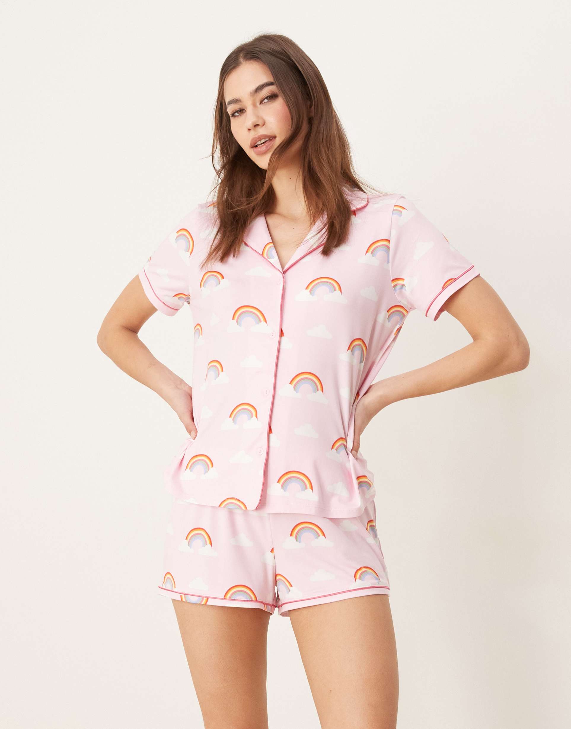 urban threads camp collar short sleeve pajama shirt and shorts set in rainbow print