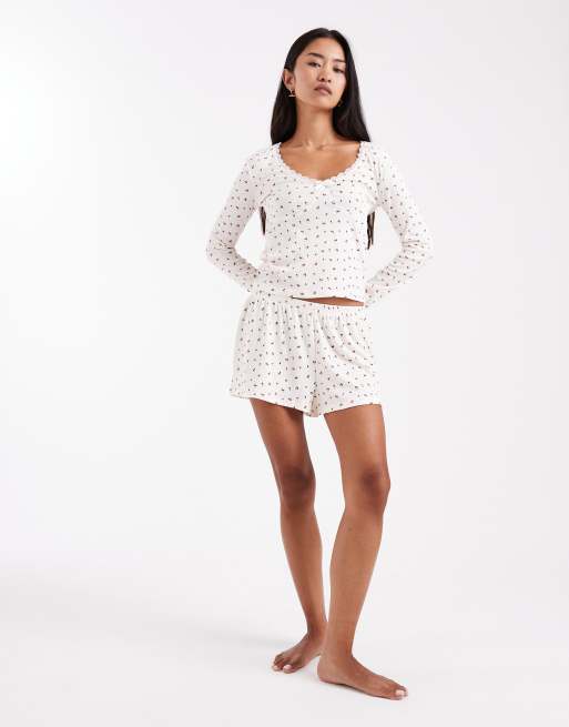 Urban Threads cherry printed rib pyjama short in beige, 4 of 4