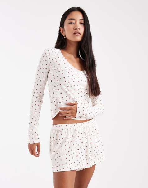 Urban Threads cherry printed rib pyjama shorts in beige - view 1