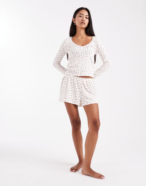Urban Threads cherry printed rib seam detail long sleeve pajama top and shorts in beige - view 1
