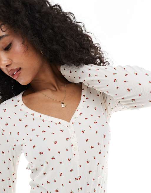 Urban Threads cherry printed ribbed long sleeve romper in ivory, 3 of 4