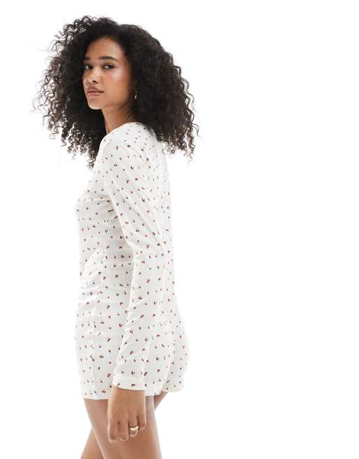Urban Threads cherry printed ribbed long sleeve romper in ivory, 4 of 4