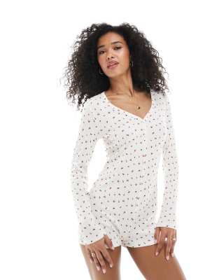 Urban Threads Cherry Printed Ribbed Seam Detail Long Sleeve Pajama Top In Neutral