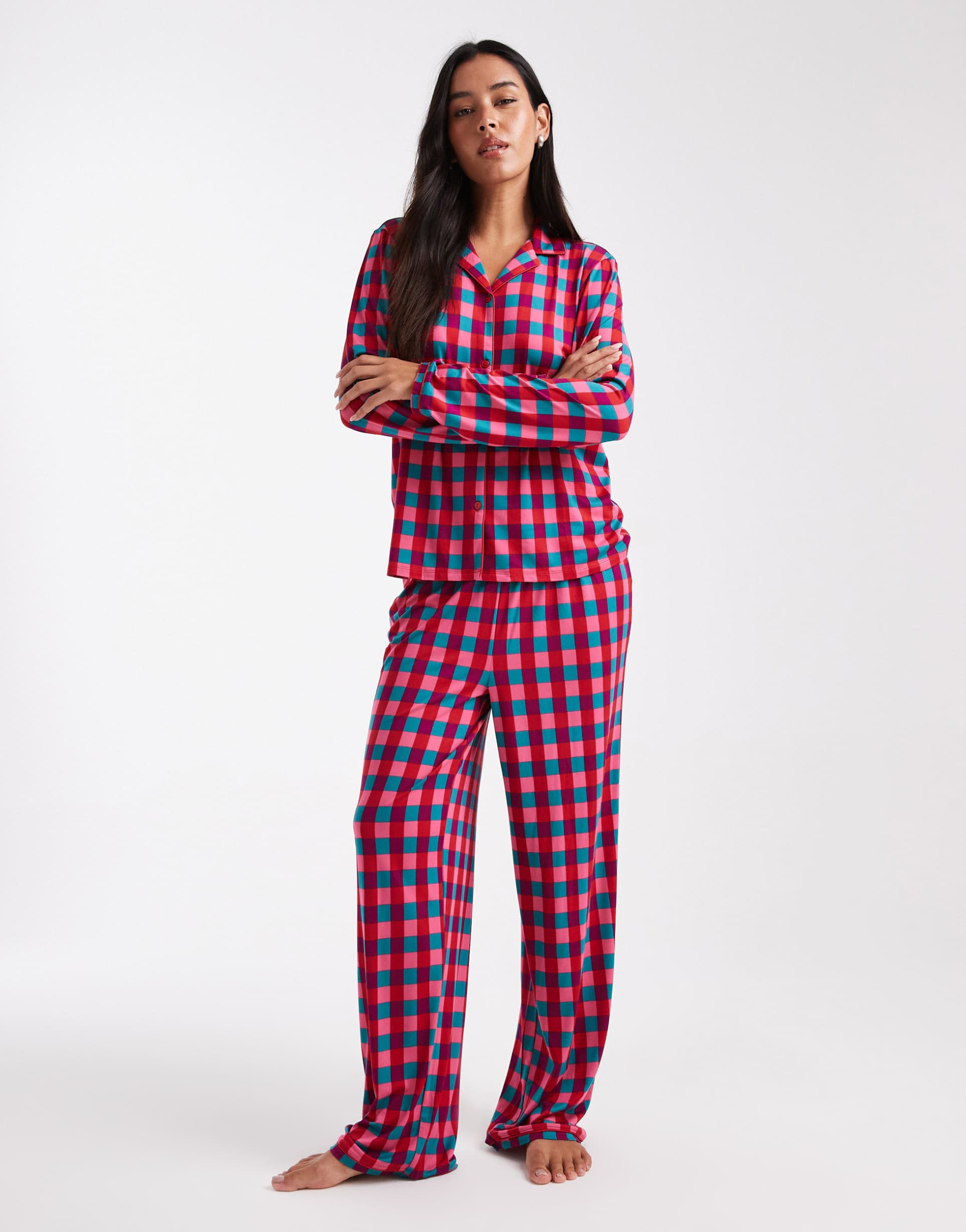 urban threads christmas long sleeve revere and pants pajama set in red check print