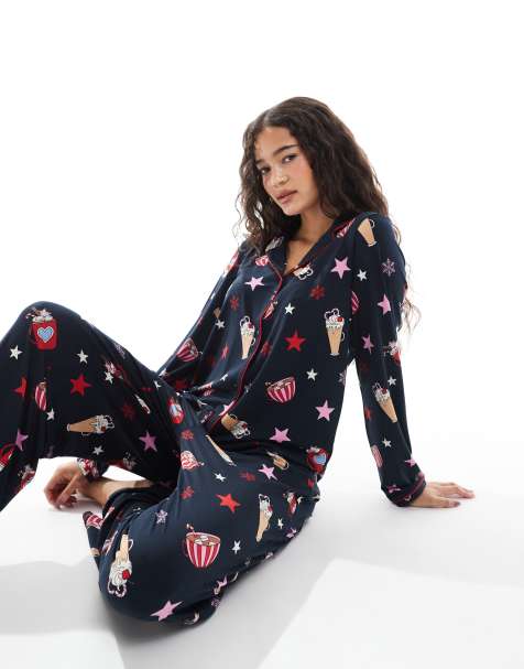 Urban Threads Christmas long sleeve revere and trouser pyjama set in hot chocolate print in navy - view 1