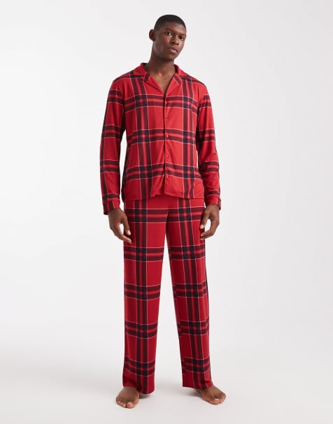 Urban Threads Christmas long sleeve revere and trouser pyjama set in red check print - view 1