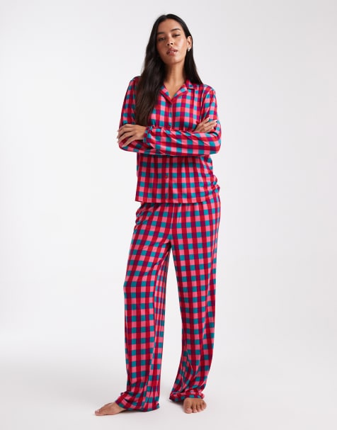 Urban Threads Christmas long sleeve revere and trouser pyjama set in red check print - view 1