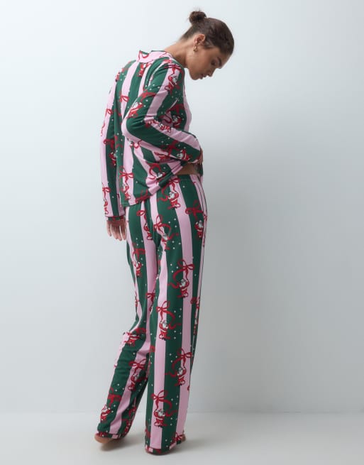 Urban Threads Christmas long sleeve tie front shirt and pant pyjama set in green stripe santa print, 3 of 4