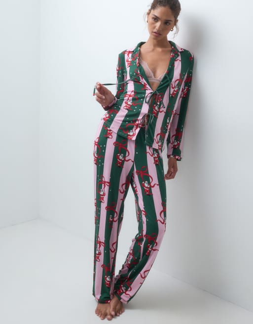 Urban Threads Christmas long sleeve tie front shirt and pant pyjama set in green stripe santa print, 4 of 4