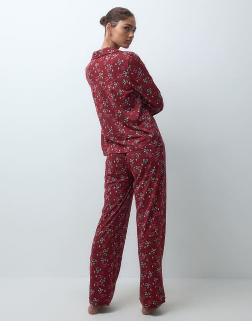 Urban Threads Christmas long sleeve tie front shirt and trouser pyjama set in burgundy candy cane print, 3 of 4