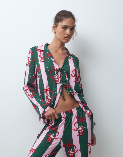 Urban Threads Christmas long sleeve tie front shirt and trouser pyjama set in green stripe santa print - view 1