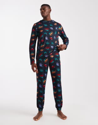 Urban Threads Urban Threads Christmas long sleeved crew and pyjama bottom in navy dinosaur print