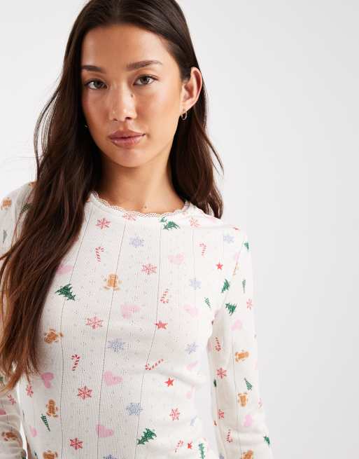 Urban Threads Christmas pointelle long sleeve pajama top in cream