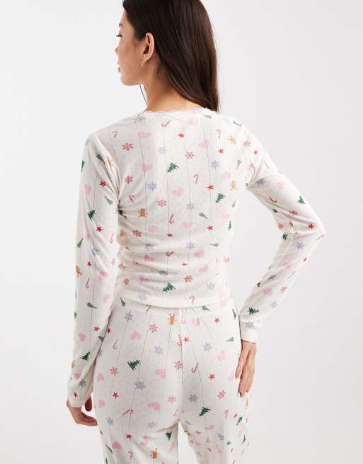 Urban Threads Christmas pointelle long sleeve pajama top in cream