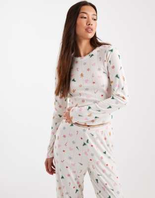 Urban Threads Urban Threads Christmas pointelle long sleeve pyjama top in cream-Multi