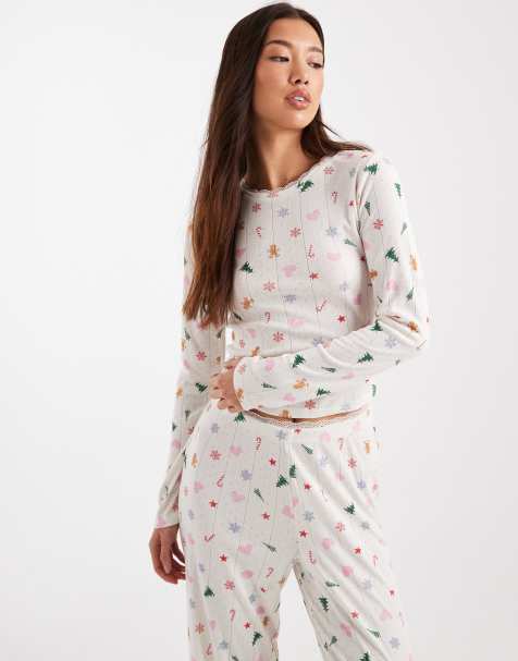 Urban Threads Christmas pointelle long sleeve pyjama top in cream - view 1