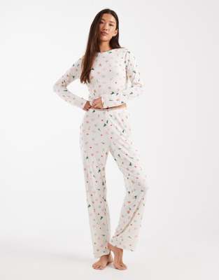 Urban Threads Urban Threads Christmas pointelle pyjama trouser in cream-Multi