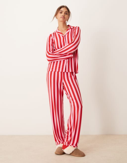 Urban Threads Christmas poly long sleeve revere and pants pajama set in pink and red stripe print, 2 of 4