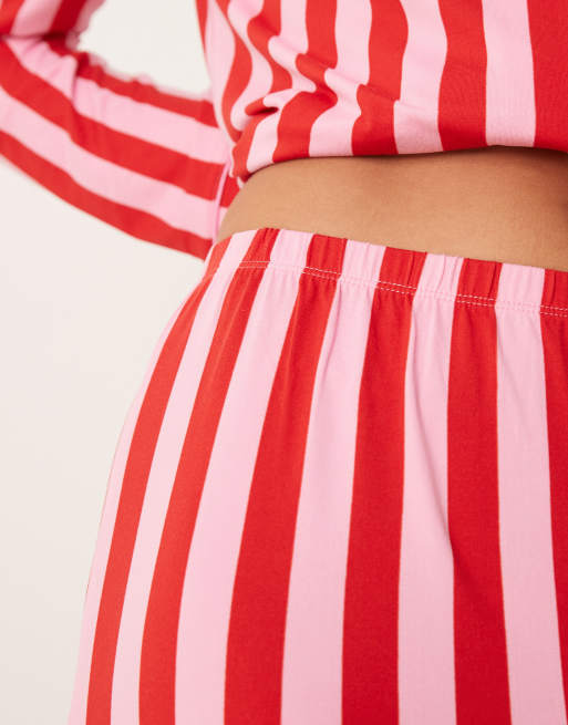 Urban Threads Christmas poly long sleeve revere and pants pajama set in pink and red stripe print, 3 of 4