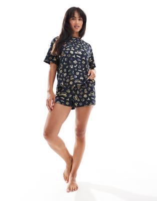 Christmas poly oversized t-shirt and shorts pajama set in foil festive print-Multi