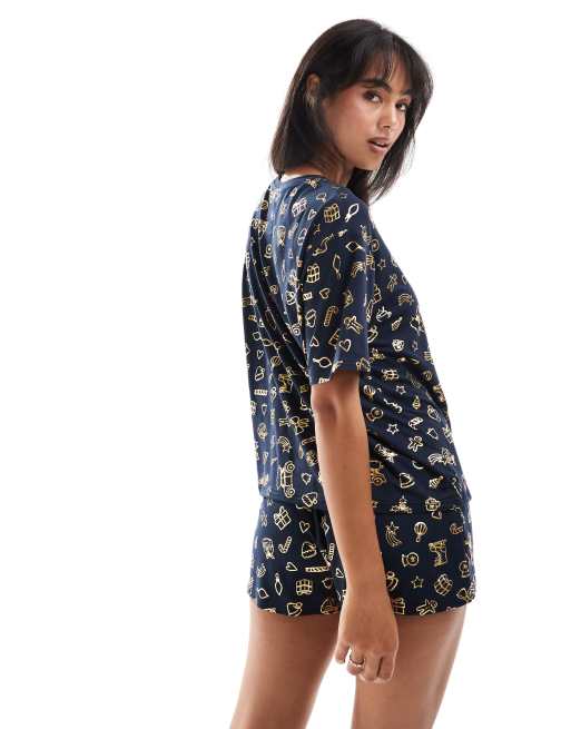 Urban Threads Christmas poly oversized t-shirt and shorts pajama set in foil festive print, 2 of 4