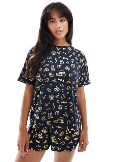 Urban Threads Christmas poly oversized t-shirt and shorts pajama set in foil festive print, 3 of 4