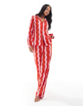 [Urban Threads] Urban Threads Christmas pyjama long sleeve revere top and pants set in wavy red stripe 12 RED