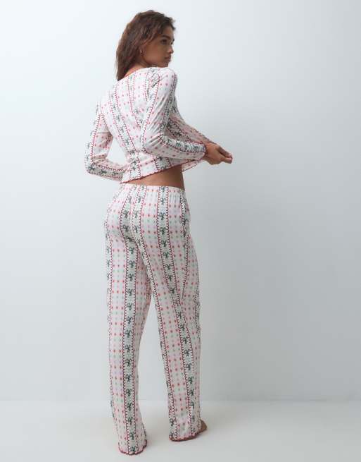 Urban Threads Christmas Pyjama-Set mit geripptem Oberteil mit Rundhalsausschnitt und Hose mit festlichem Print, 4 von 4