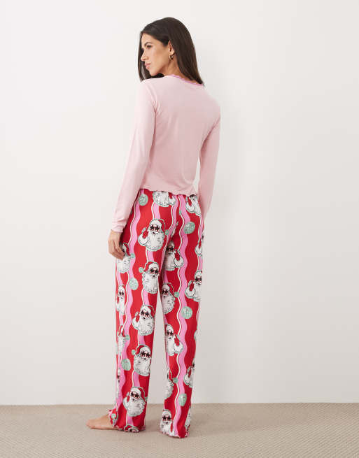 Urban Threads Christmas Pyjama-Set mit Rundhalsausschnitt, langen Ärmeln und Streifen-Santa-Print, 3 von 4