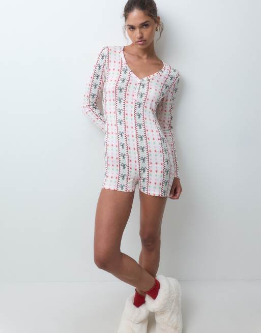 Urban Threads Christmas ribstrikket langærmet romper med festligt print, 2 af 5