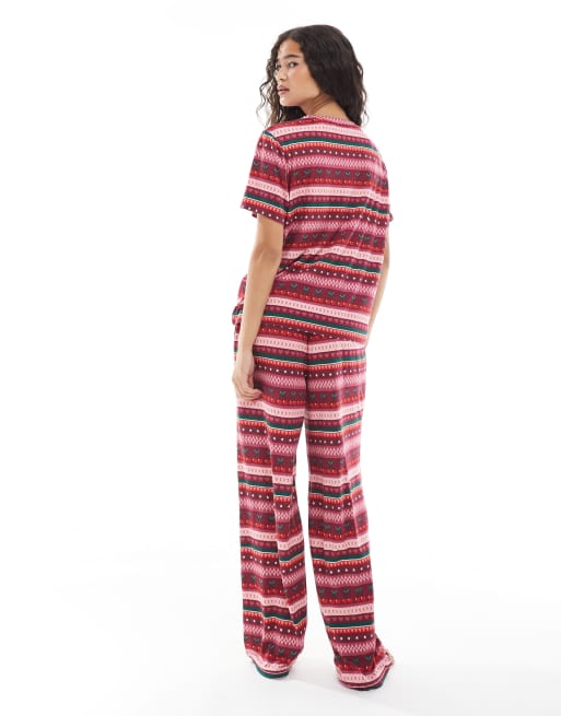 Urban Threads Christmas short sleeve revere pyjama set in cherry fairisle print, 3 of 4