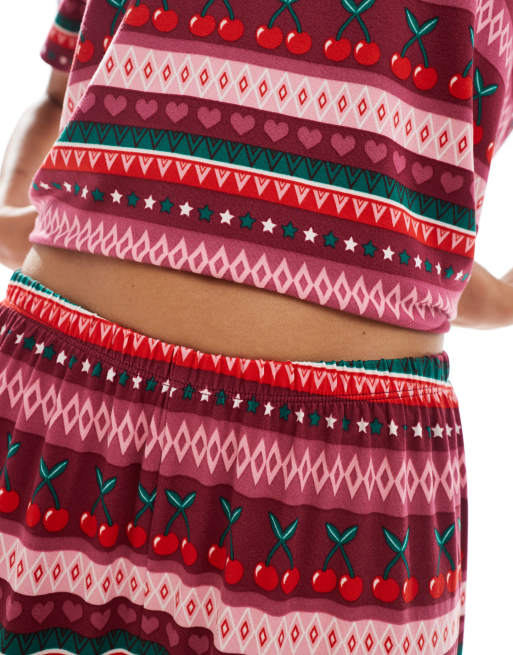 Urban Threads Christmas short sleeve revere pyjama set in cherry fairisle print, 4 of 4