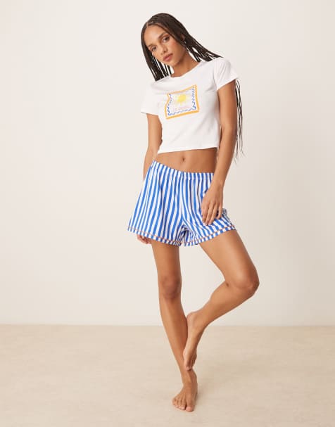 Urban Threads co-ord oversized pyjama shorts with stripe print - view 1