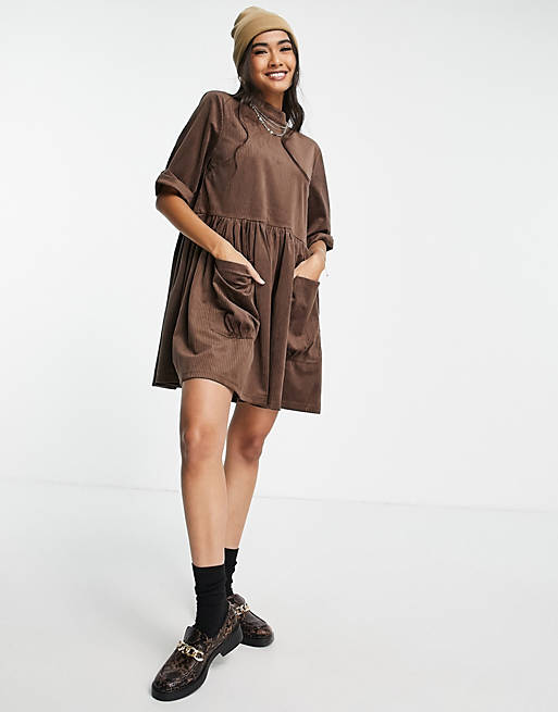 Urban Threads cord oversized smock dress in chocolate brown