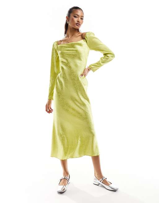 Urban Threads cowl neck midi dress in chartreuse floral satin