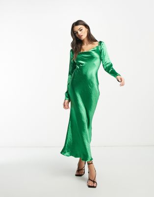 Urban Threads cowl neck satin midi dress in green