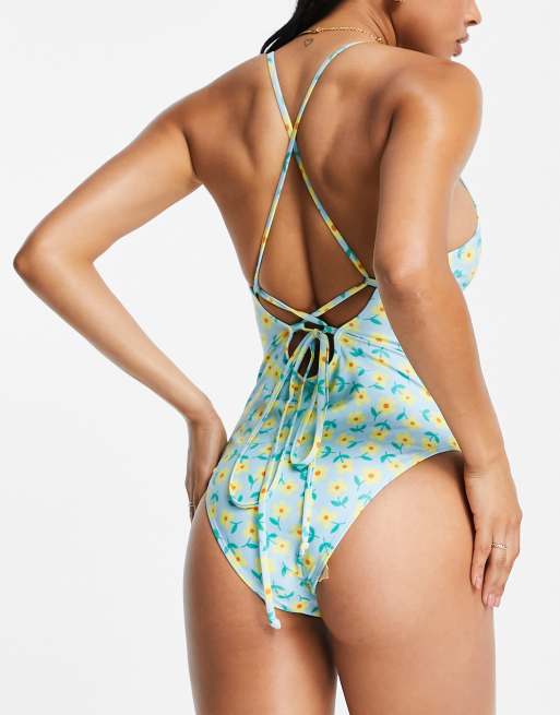 Urban Threads cross back swimsuit in light blue and yellow ditsy floral print, 2 of 4