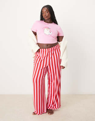 Urban Threads Urban Threads Curve Christmas cowboy santa poly long sleeve sweat and jogger pyjama set in pink and red stripe print-Multi