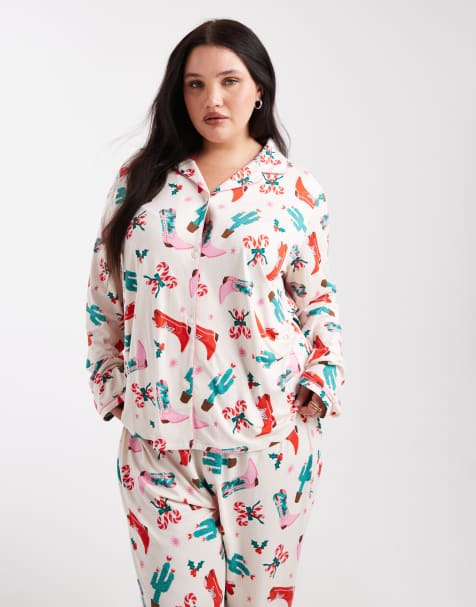 Urban Threads Curve Christmas long sleeve revere shirt and pants pyjama set in cowboy print - view 1