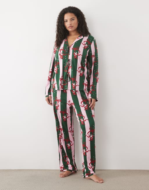 Urban Threads Curve Christmas long sleeve tie front shirt and trouser pyjama set in green stripe santa print, 2 of 4